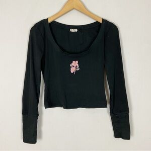 Free People Black Crop Blouse with Pink Floral Design